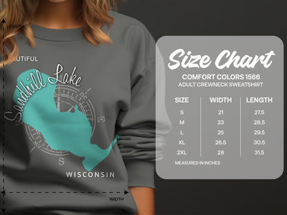 Sandhill Lake Wisconsin graphic on sweatshirt next to size chart.