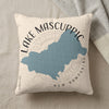 Light-colored pillow with a blue map of Lake Mascuppic, New Hampshire.