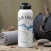 White water bottle with "OLA LAKE" text, compass, and map design.