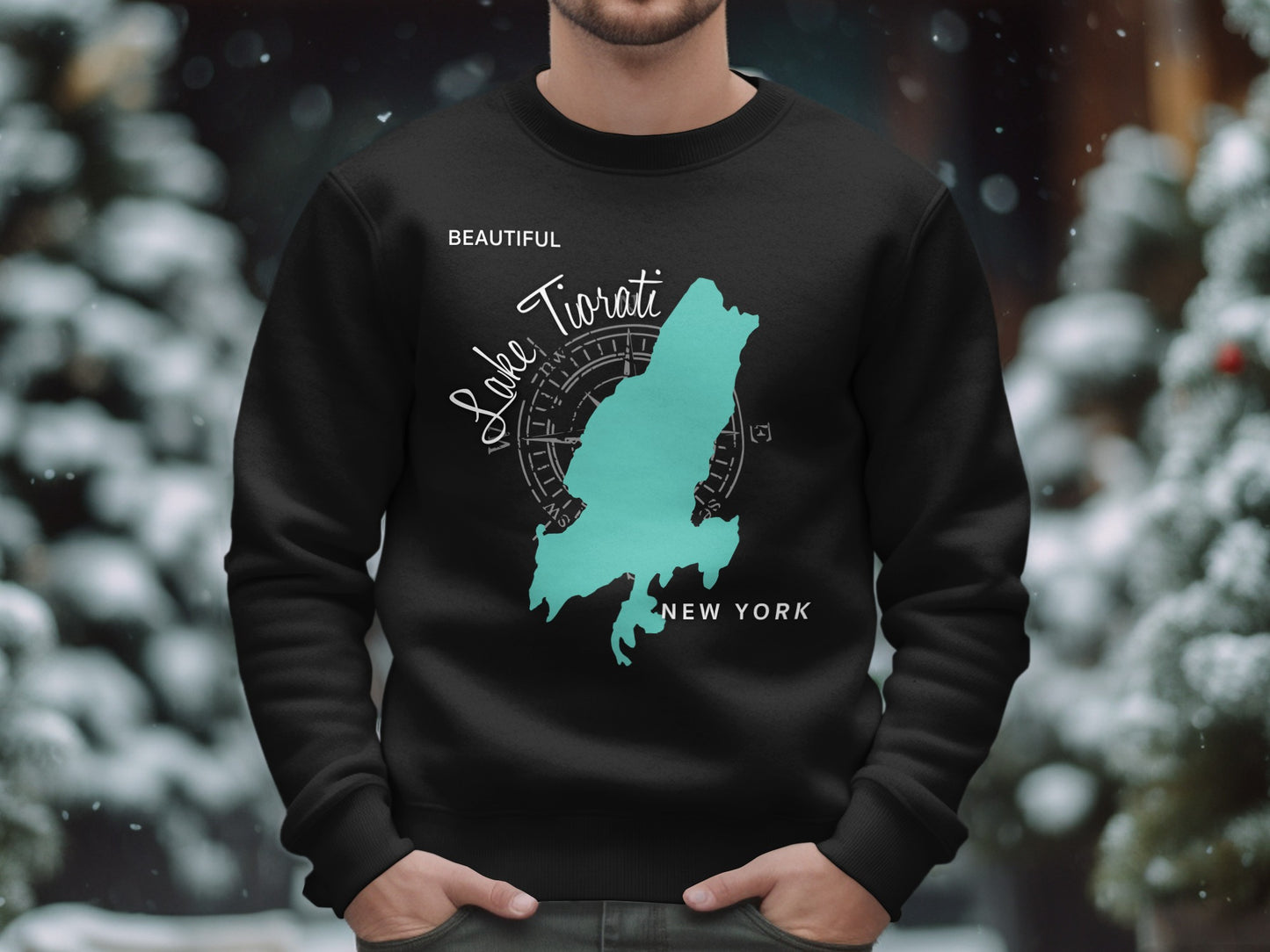 Black sweatshirt with "Beautiful Lake Tiorati New York" map graphic.