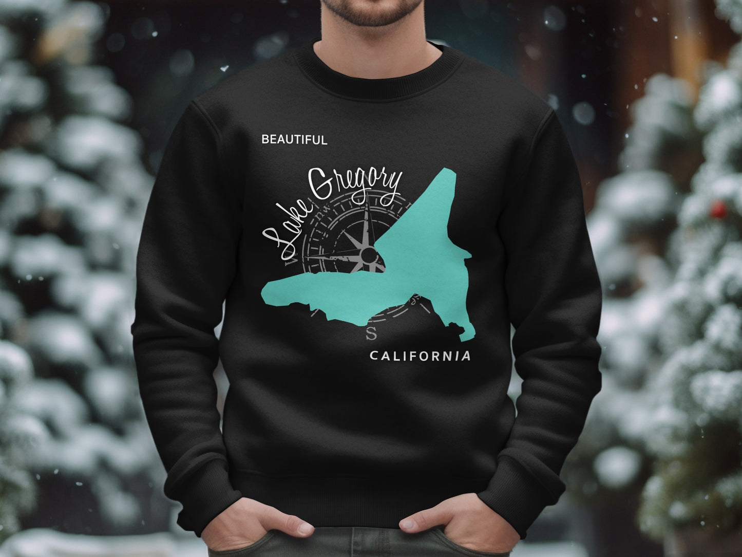Black sweatshirt with turquoise Lake Gregory California map and compass graphic.