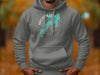 Grey hoodie with turquoise Arcadia Lake map graphic and compass design.