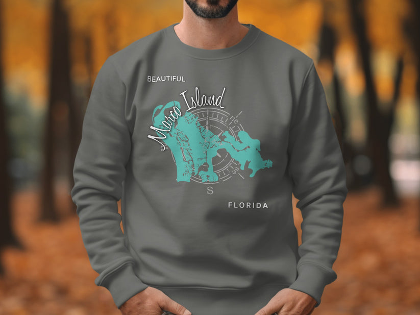 Grey sweatshirt with "Beautiful Marco Island Florida" map graphic.