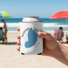White can cooler with blue Newnans Lake Florida graphic held at beach.