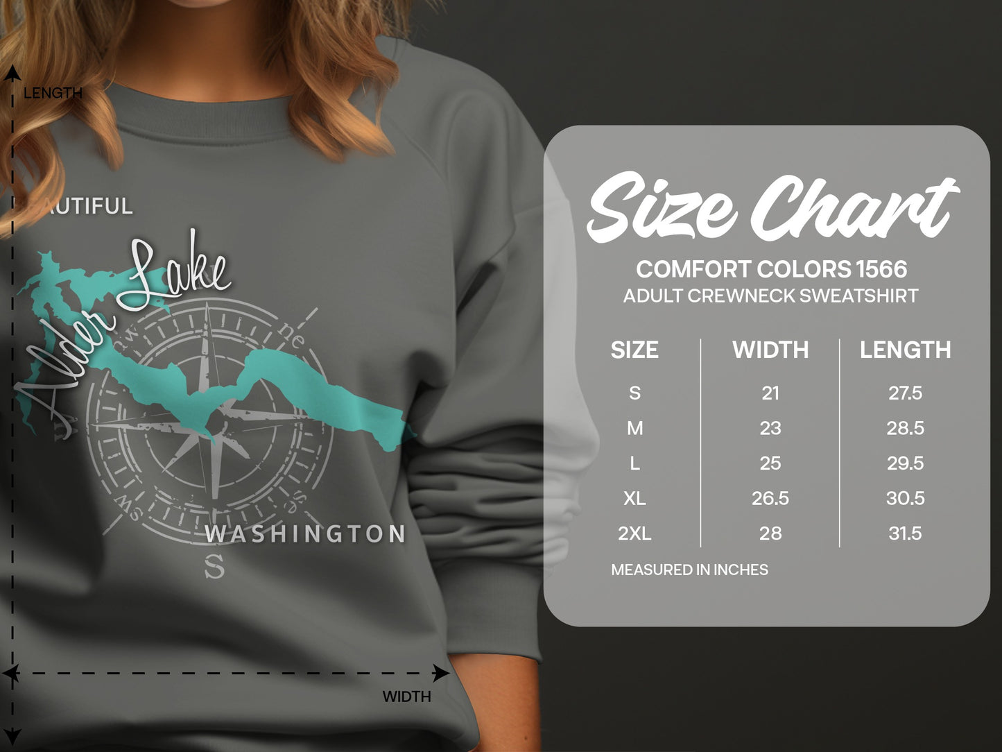 Size chart for Comfort Colors 1566 adult crewneck sweatshirt in inches.