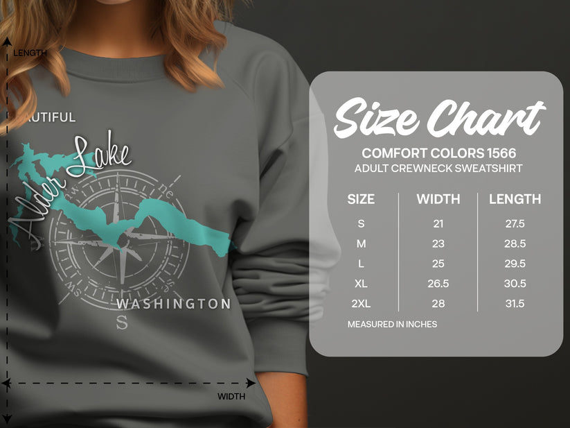 Size chart for Comfort Colors 1566 adult crewneck sweatshirt in inches.