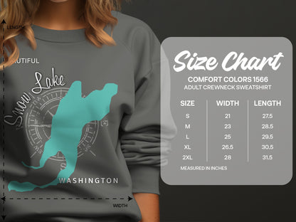 Comfort Colors sweatshirt size chart with dimensions for S to 2XL.