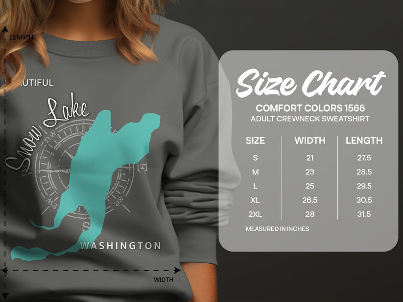 Comfort Colors sweatshirt size chart with dimensions for S to 2XL.