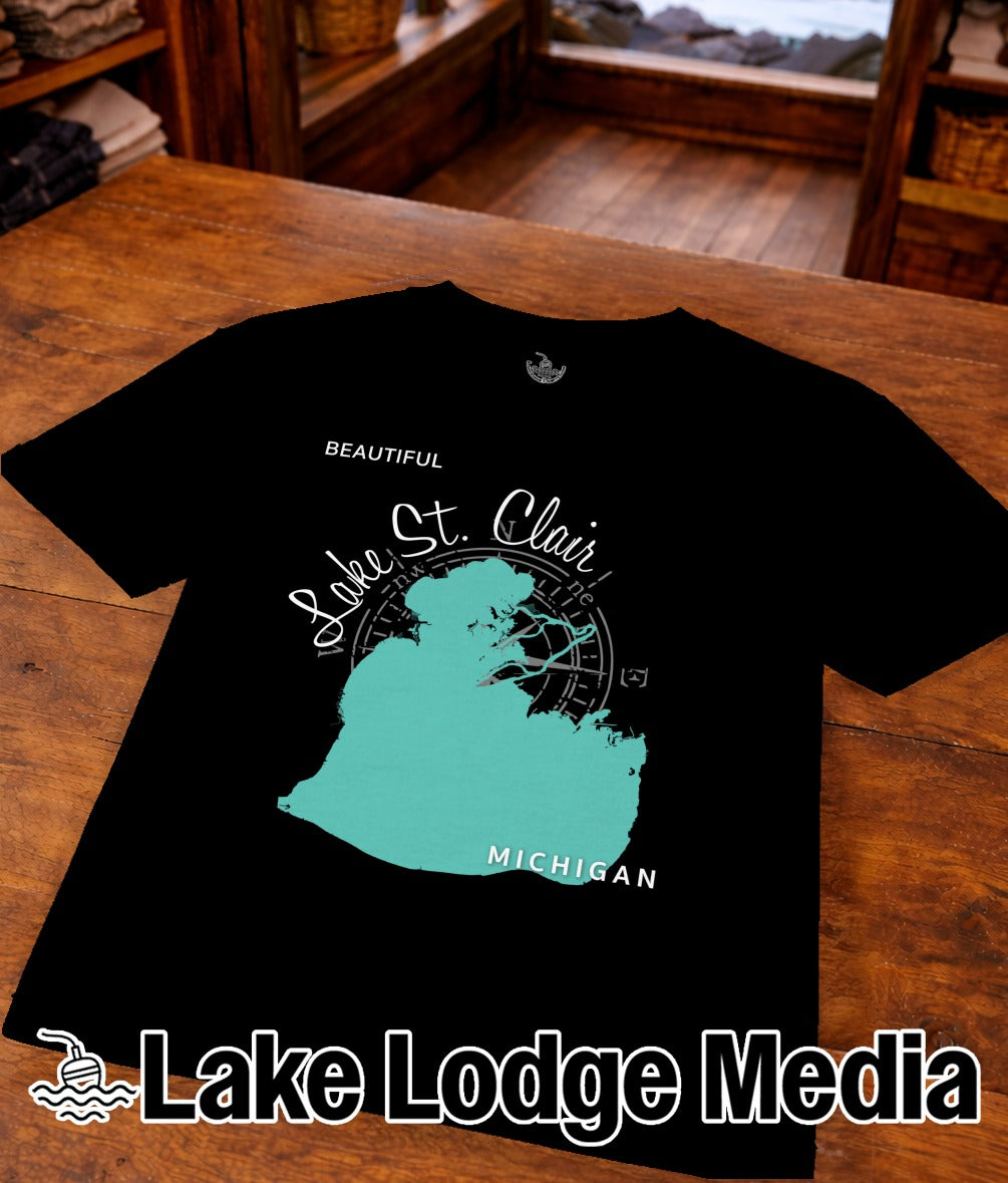 Black t-shirt with turquoise Lake St. Clair Michigan map graphic.