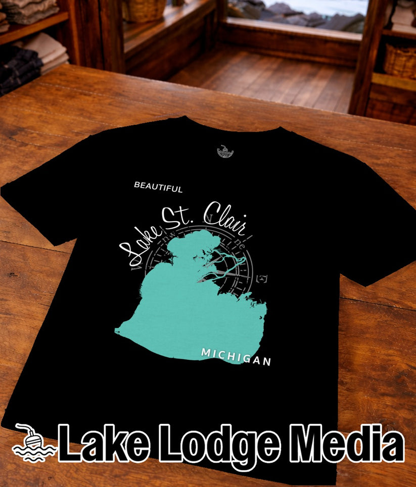 Black t-shirt with turquoise Lake St. Clair Michigan map graphic.