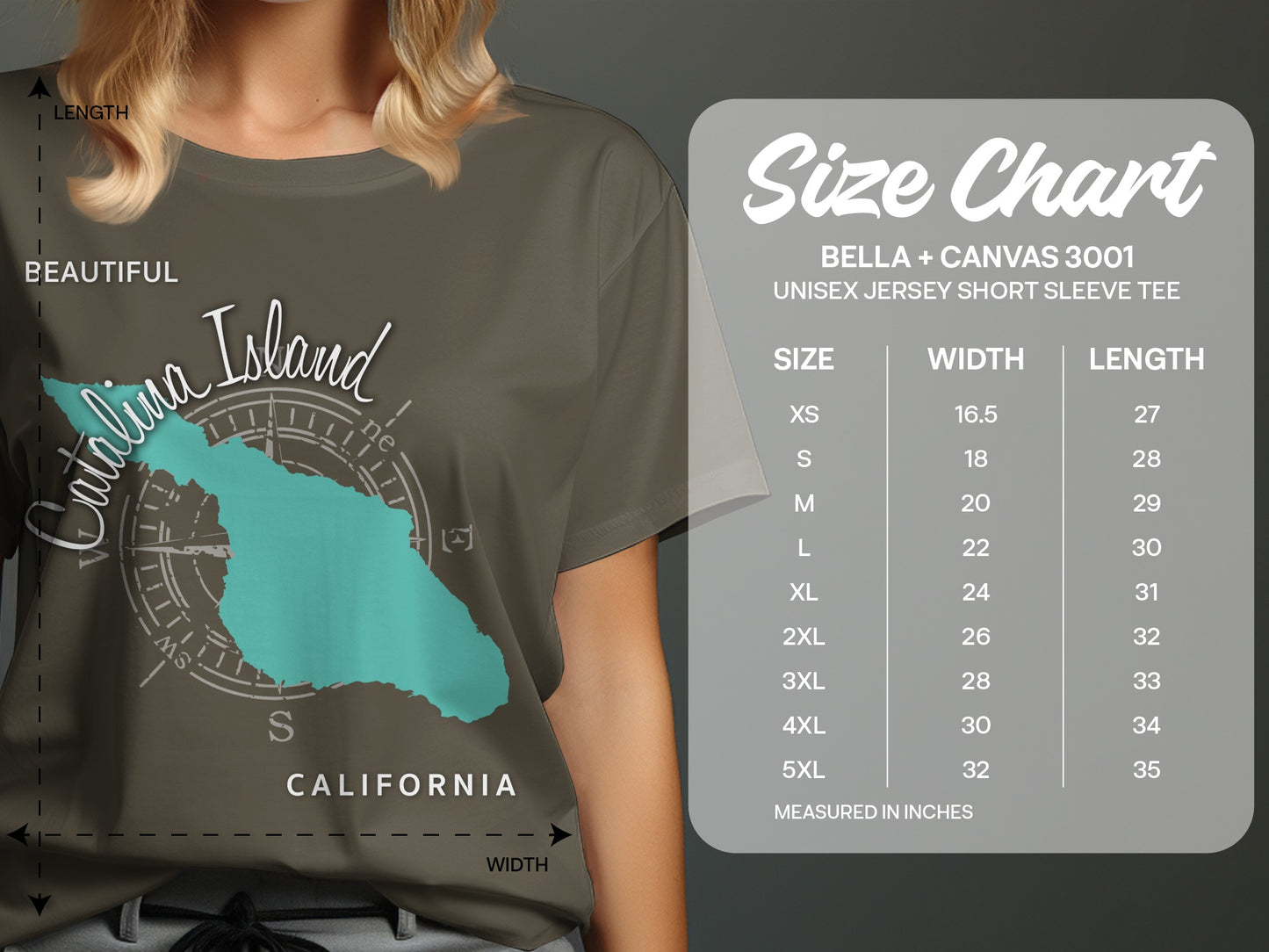 Catalina Island graphic on a t-shirt with size chart.