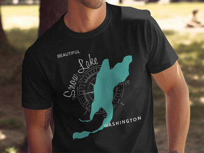 Black t-shirt with a compass and map of Snow Lake, Washington.