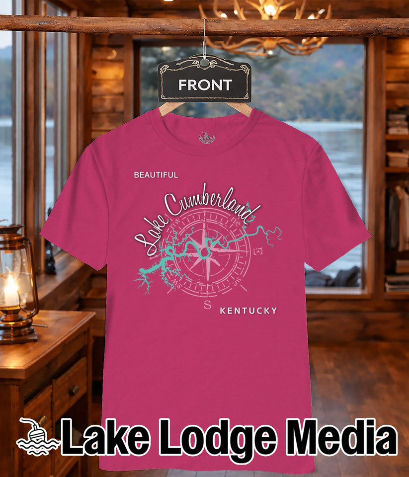Pink t-shirt with compass design and "Lake Cumberland Kentucky" text.