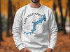 White sweatshirt with blue Lake Wallenpaupack map and compass graphic.