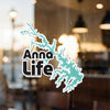 Anna Life sticker with turquoise lake outline and copyright.