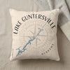 Pillow with "Lake Guntersville Alabama" text and blue lake outline on compass.