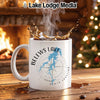 White mug with "Belews Lake North Carolina" and compass design