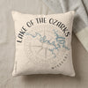 Cream pillow with Lake of the Ozarks map and compass design, reads "Missouri".