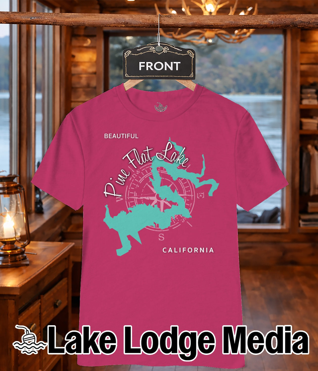 Pink t-shirt with "Pine Flat Lake" map and compass graphic.