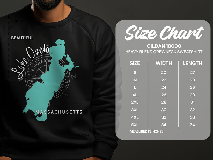 Crewneck sweatshirt with Lake Onota map and size chart.