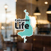Calcasieu Life sticker with stylized teal map shape and black text.