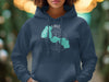 Navy blue hoodie with Forest Lake, Minnesota map and compass graphic.