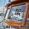 Sticker on boat window reads "Bull Shoals Life" with lake outline. "Lake Lodge Media" text at bottom.