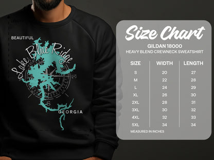 Crewneck sweatshirt with Lake Blue Ridge map graphic and size chart.