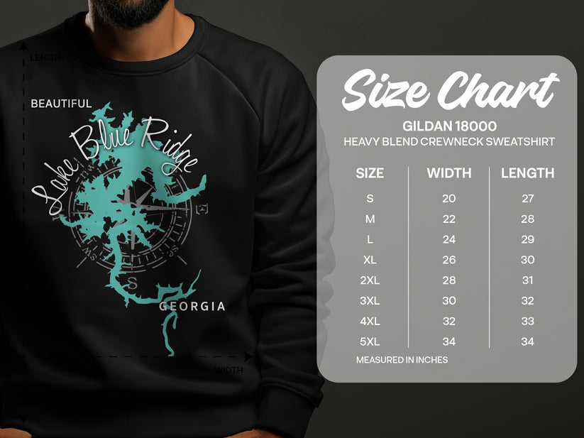 Crewneck sweatshirt with Lake Blue Ridge map graphic and size chart.