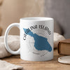 White mug with blue Catalina Island map and "Catalina Island California" text.