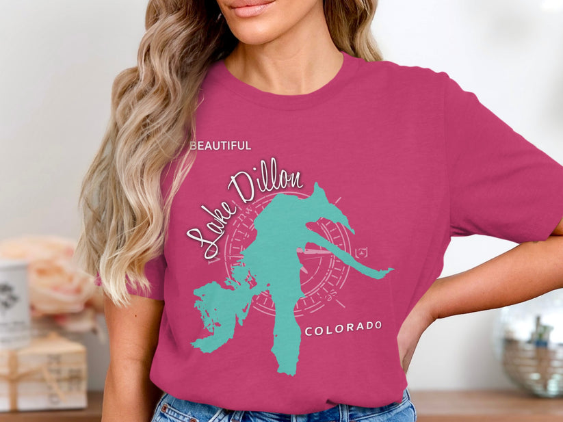 Pink t-shirt with turquoise outline map of Lake Dillon, Colorado.