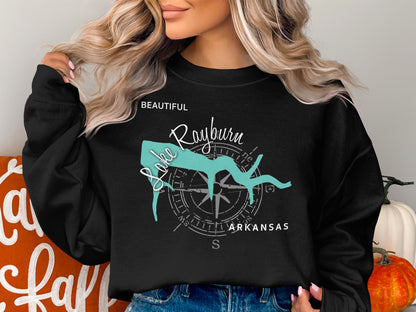 Black sweatshirt with "Lake Rayburn Arkansas" and compass graphic.