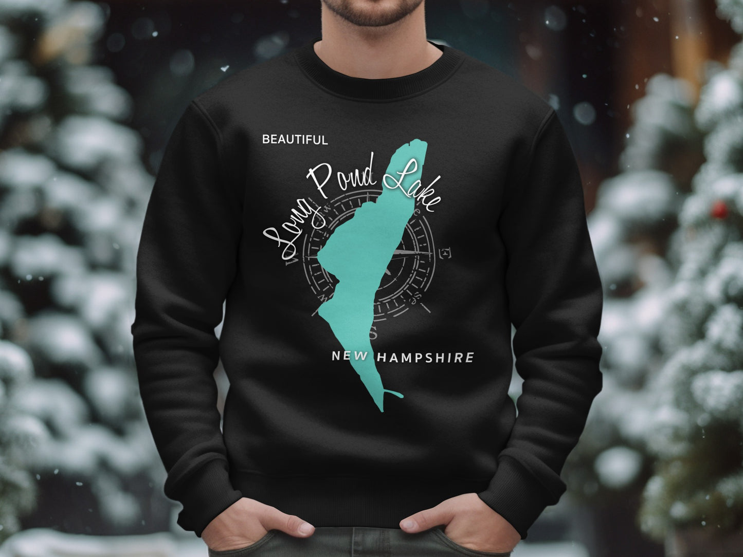Black sweatshirt featuring a teal map of Long Pond Lake, New Hampshire.