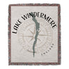 Woven blanket featuring Lake Windermere map and compass design, with "England" text.