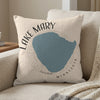 Pillow with blue Lake Mary map, text, and copyright on a sofa.