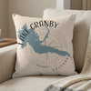 Pillow with blue Lake Granby map outline, compass, and "Lake Granby Colorado" text.