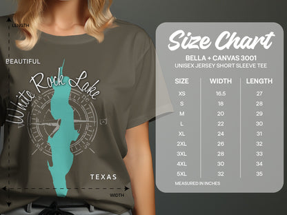 T-shirt size chart for Bella + Canvas 3001 unisex tee, measured in inches.