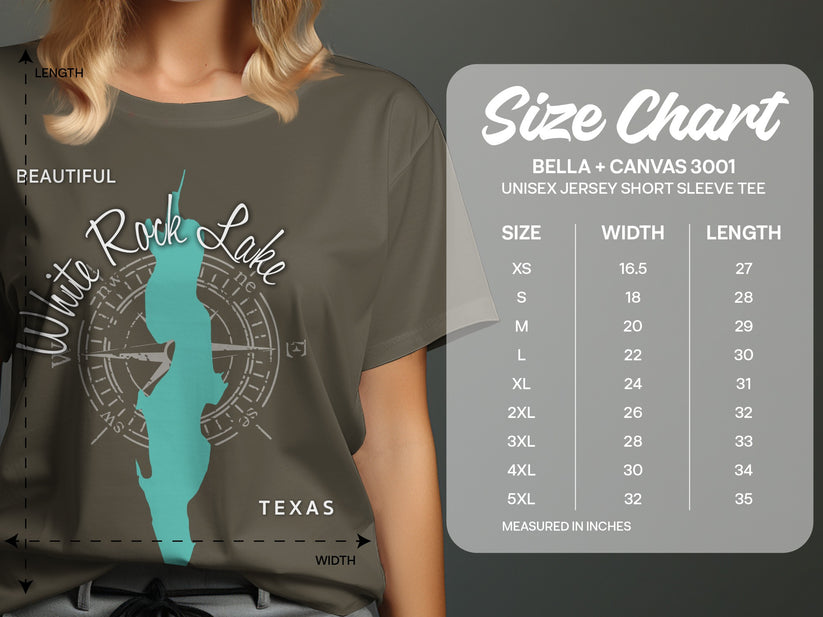 T-shirt size chart for Bella + Canvas 3001 unisex tee, measured in inches.