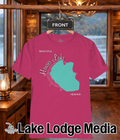 Pink t-shirt with "Beautiful Hauser Lake Idaho" and a teal map graphic.