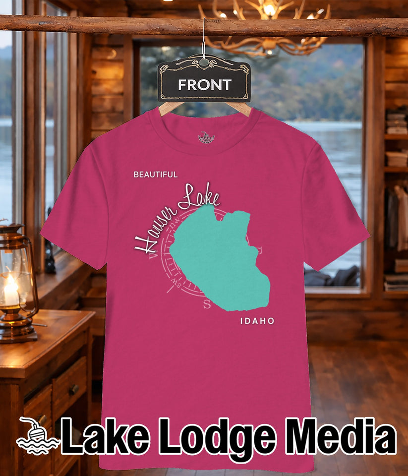 Pink t-shirt with "Beautiful Hauser Lake Idaho" and a teal map graphic.