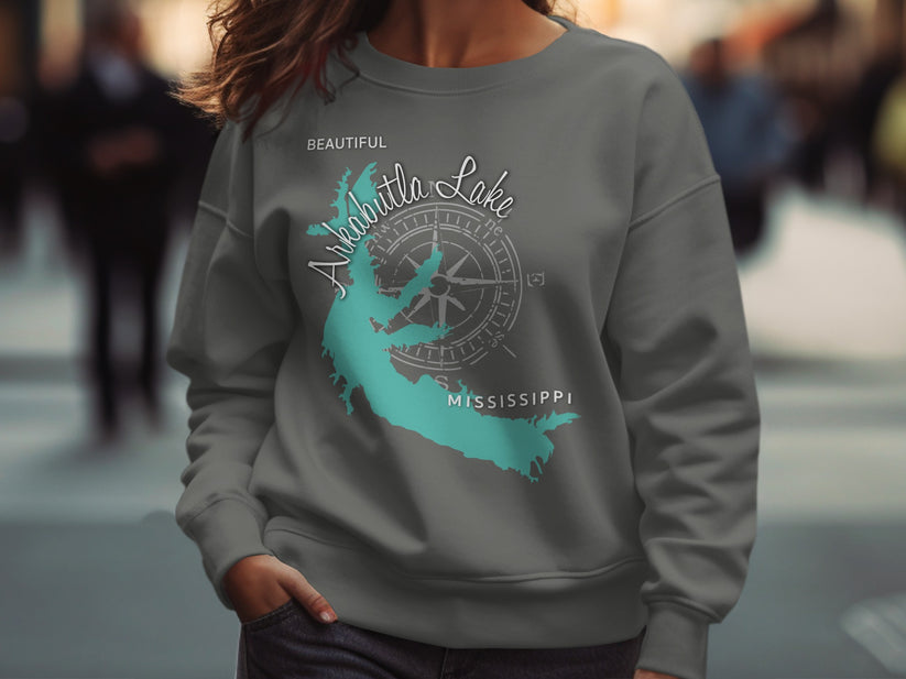 Grey sweatshirt with Arkabutla Lake, Mississippi map graphic and compass.