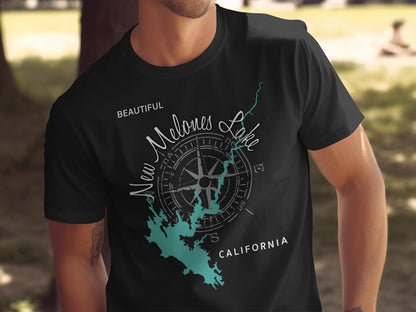 Black t-shirt with compass graphic and "New Melones Lake California" text.