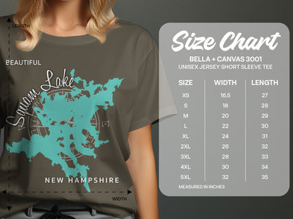 T-shirt showing Squam Lake map and size chart for Bella + Canvas 3001 tee.