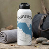 White water bottle with "WAWASE" text and blue lake map design.