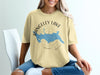 Yellow t-shirt with Rangeley Lake map graphic and compass rose.