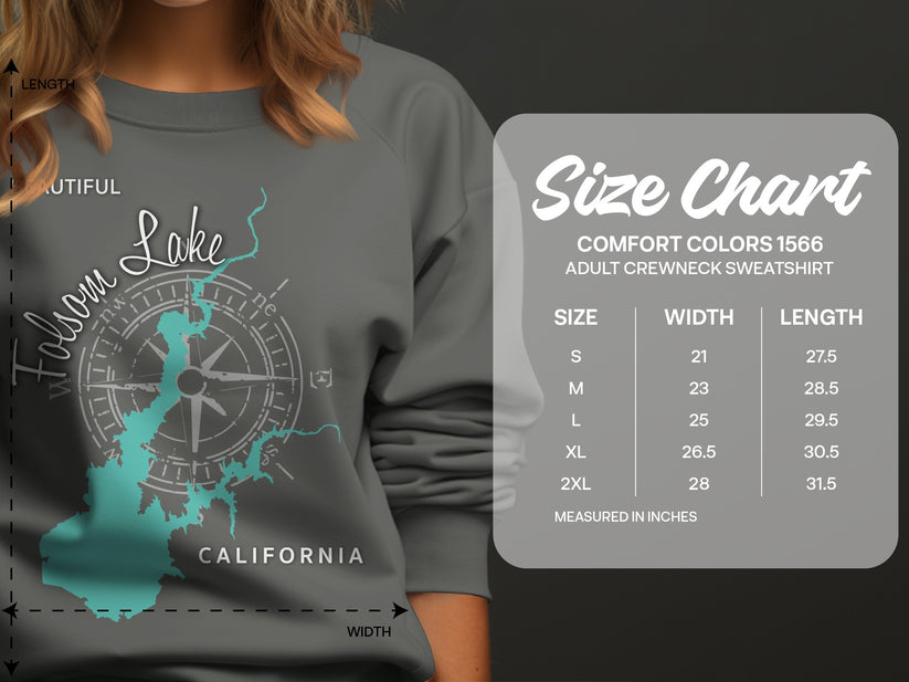 Size chart for Comfort Colors 1566 adult crewneck sweatshirt.