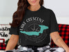 Black t-shirt with "Lake Crescent Washington" text and compass graphic.