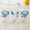 Three clear glasses feature a blue Lake Arrowhead map and compass design.