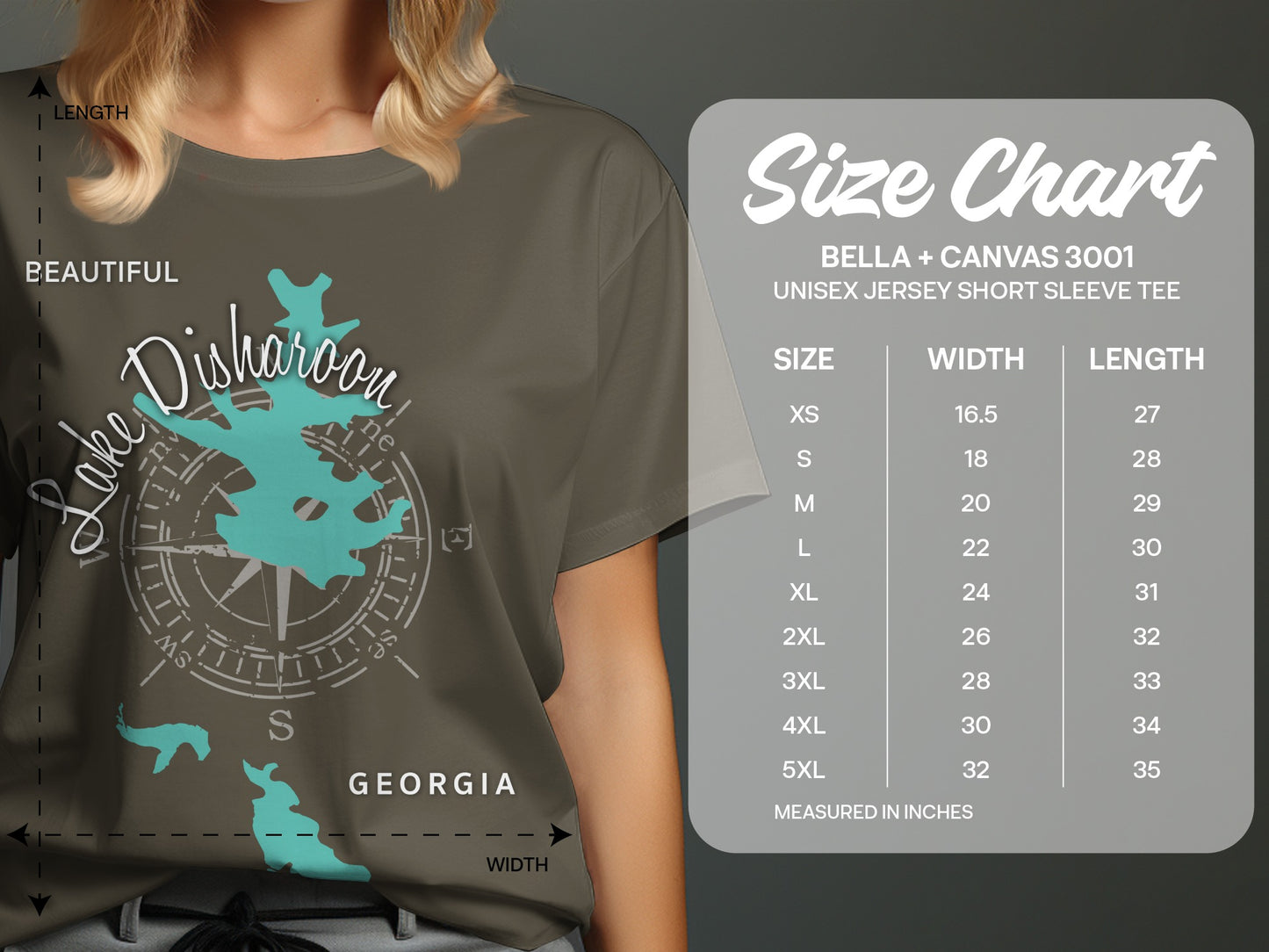 T-shirt size chart with Lake Disharoon Georgia graphic and measurements.