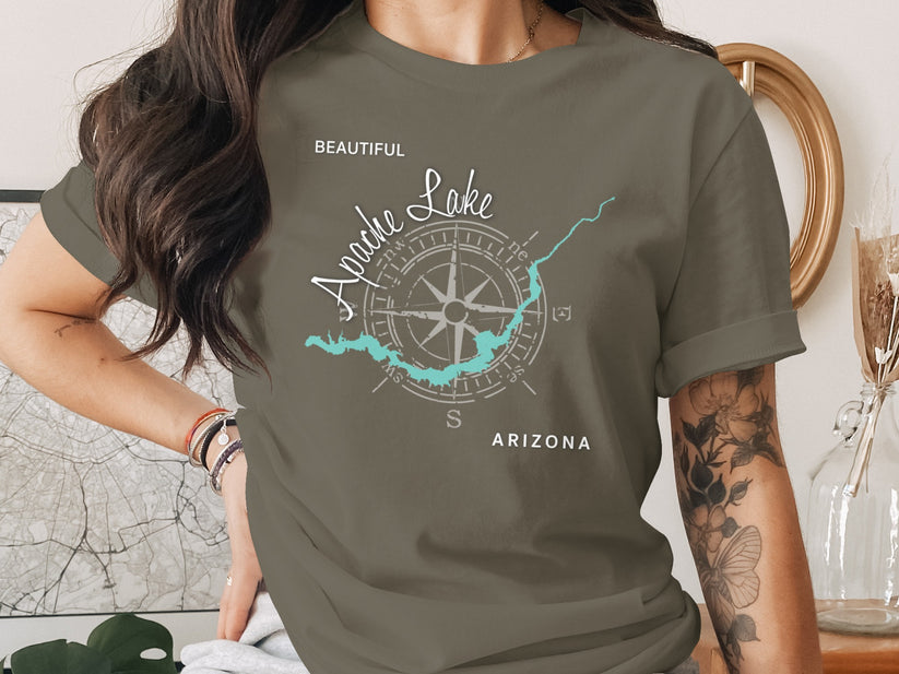 Compass graphic with "Apache Lake ARIZONA" text on a t-shirt.